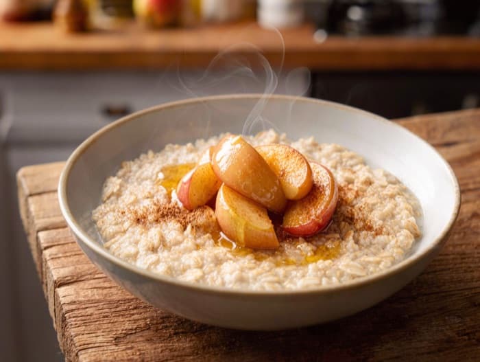 Oat Porridge with Apple and Cinnamon, plated and ready to serve