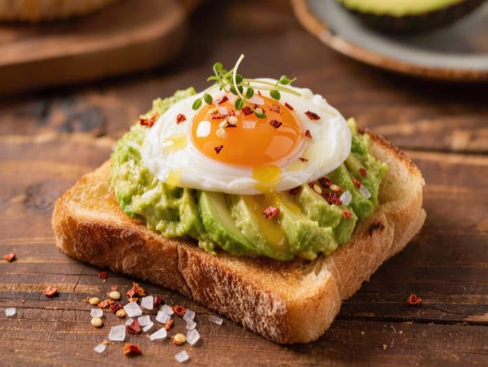 Avocado Toast with Soft Egg and Chili, plated and ready to serve