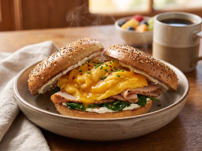 Bagel Breakfast Sandwiches, plated and ready to serve