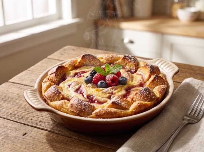 Bagel French Toast Bake, plated and ready to serve