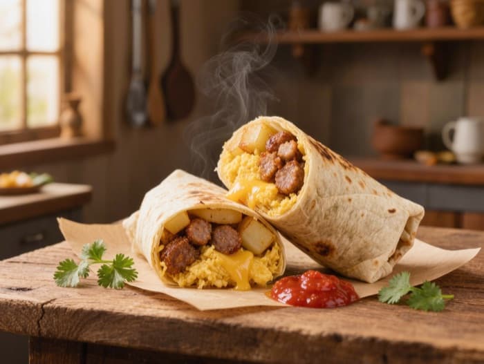 Sausage and Potato Breakfast Burritos, plated and ready to serve