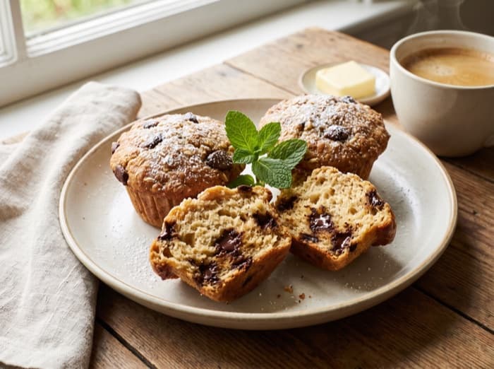 Chocolate Chip Oat Muffins, plated and ready to serve