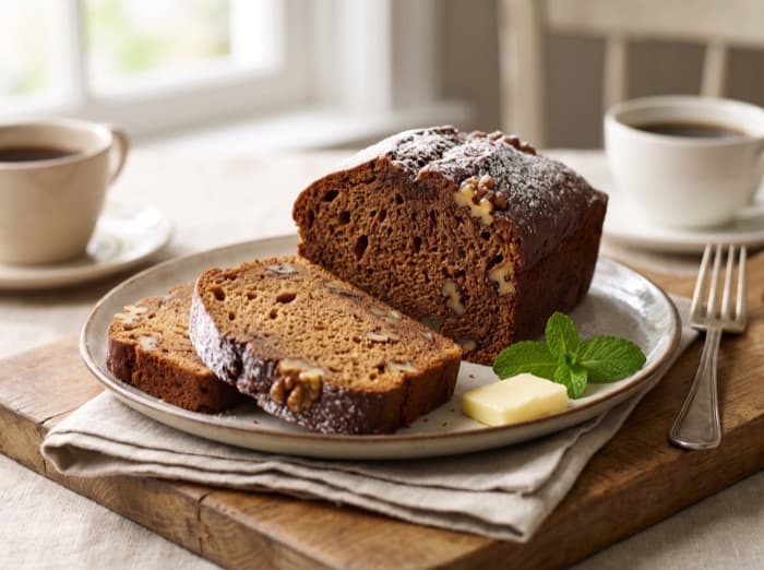 Cocoa Banana Bread with Walnuts, plated and ready to serve