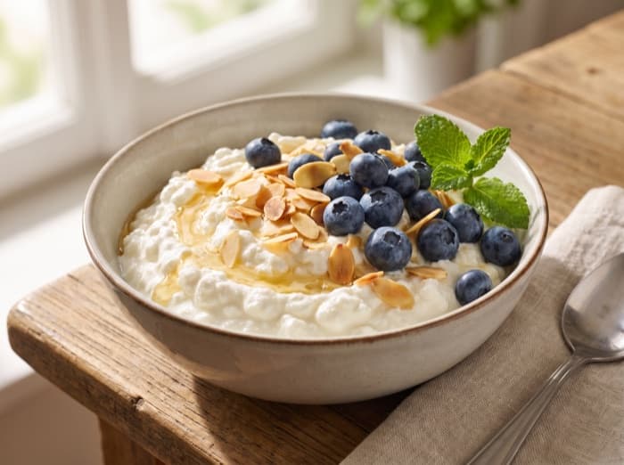 Cottage Cheese Bowl with Berries and Almonds, plated and ready to serve