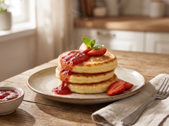Cottage Cheese Pancakes with Strawberry Jam, plated and ready to serve