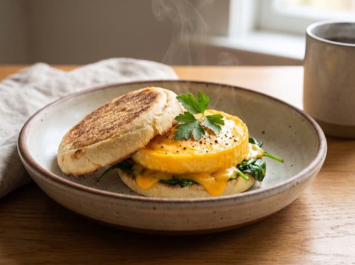 English Muffin Egg and Cheddar Sandwiches, plated and ready to serve