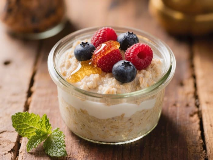 Overnight Oats with Berries, plated and ready to serve
