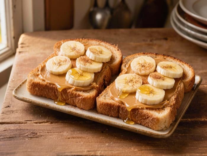 Peanut Butter and Banana Toast, plated and ready to serve
