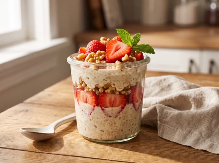 Strawberry and Walnut Overnight Oats, plated and ready to serve