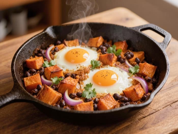 Sweet Potato and Black Bean Hash with Eggs, plated and ready to serve