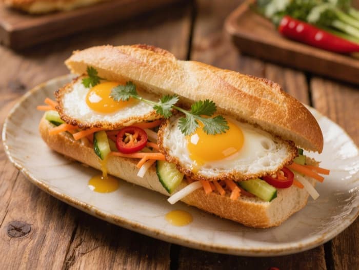 Vietnamese-Style Fried Egg Baguette, plated and ready to serve