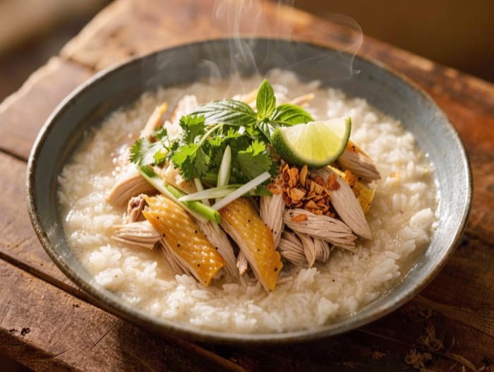 Vietnamese Chicken Rice Soup with Herbs, plated and ready to serve