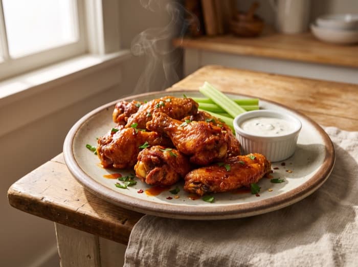 Crisp Baked Wings in Cayenne Butter, plated and ready to serve