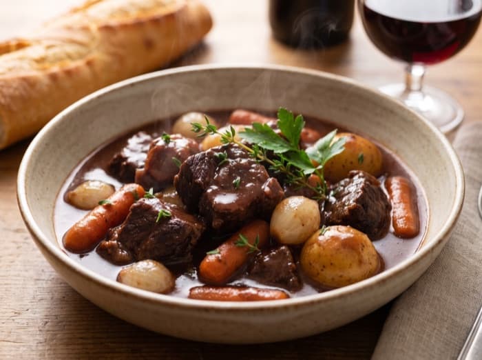 Red Wine Beef Stew, plated and ready to serve