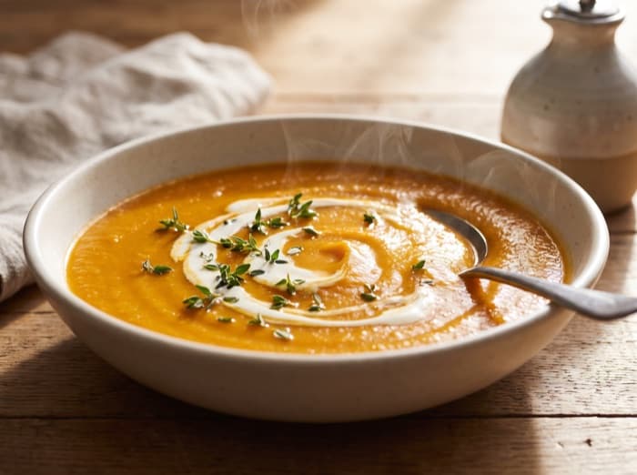 Butternut Squash Soup with Thyme, plated and ready to serve