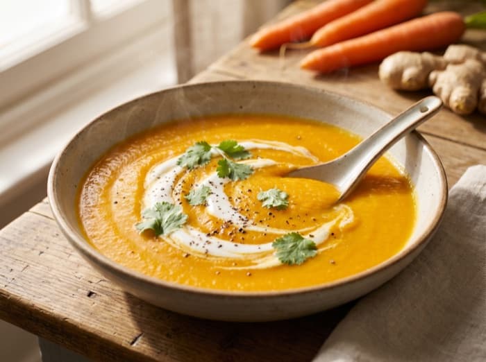 Carrot and Ginger Soup, plated and ready to serve