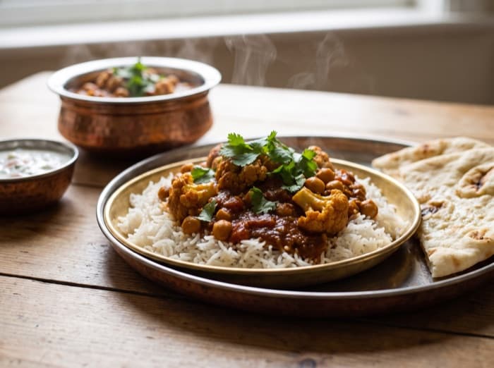 Cauliflower and Chickpea Curry, plated and ready to serve