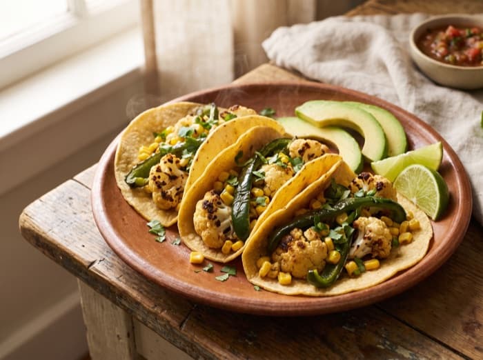 Roasted Cauliflower and Poblano Tacos, plated and ready to serve