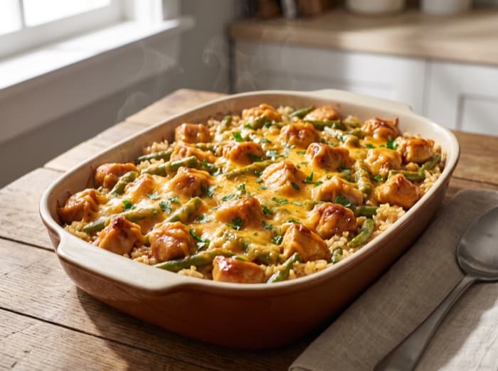 Chicken, Green Bean and Rice Bake, plated and ready to serve