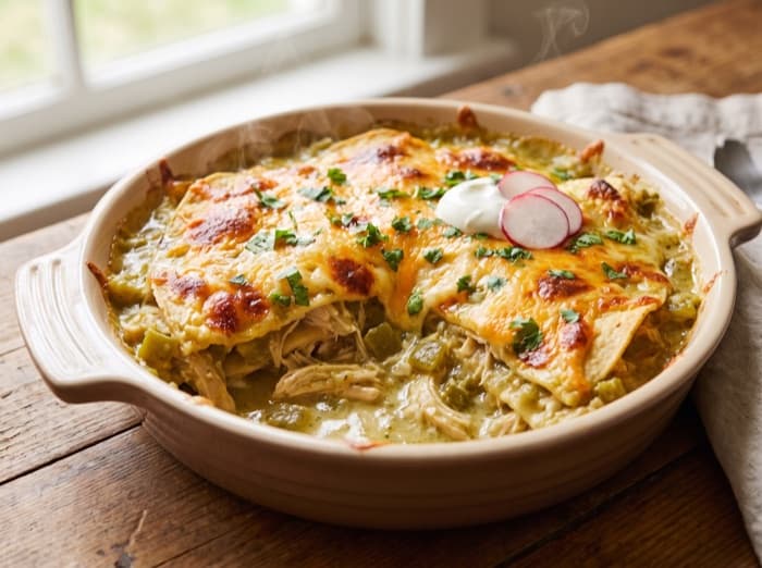 Chicken and Green Chile Tortilla Bake, plated and ready to serve
