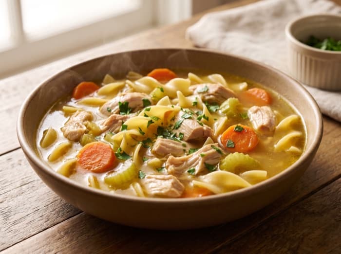 Chicken Noodle Soup from a Whole Bird, plated and ready to serve