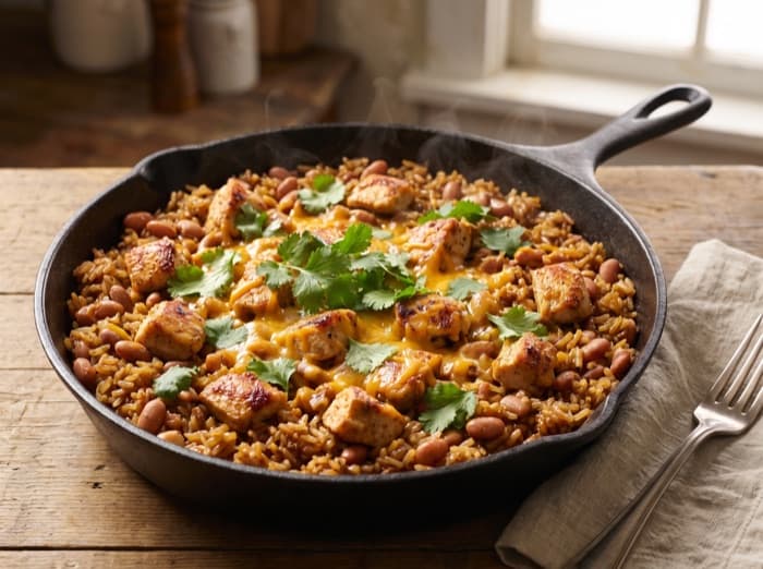 Chicken and Pinto Bean Skillet with Brown Rice, plated and ready to serve