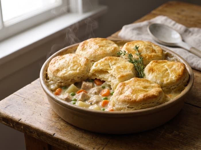 Chicken Pot Pie with a Biscuit Top, plated and ready to serve