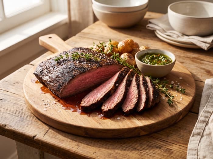 Coffee-Rubbed Flank Steak, plated and ready to serve