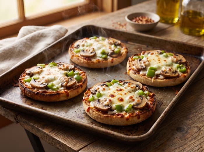 English Muffin Pizzas, plated and ready to serve