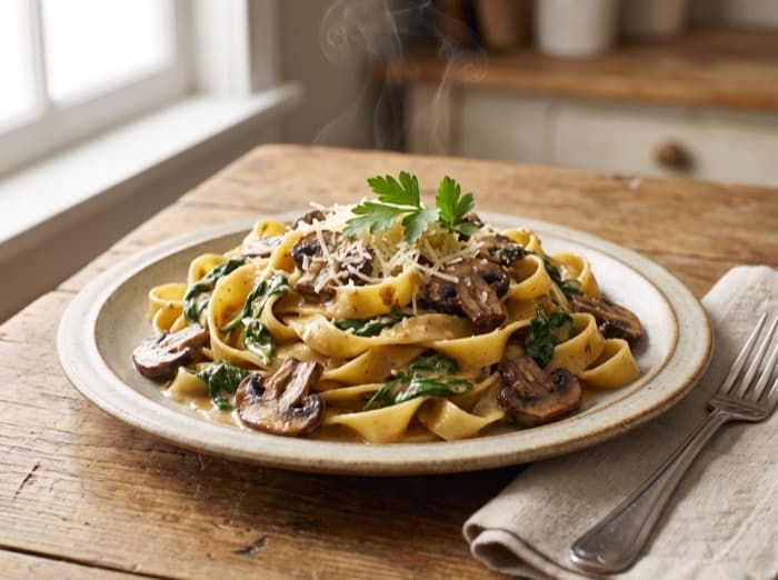 Creamy Mushroom Fettuccine with Spinach, plated and ready to serve