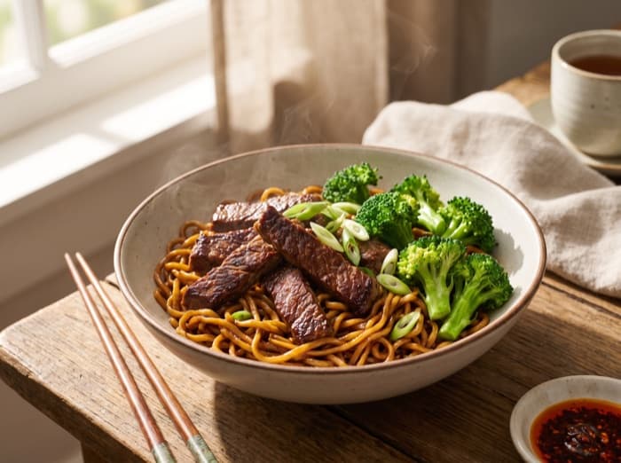 Hoisin Beef and Broccoli Ramen Bowls, plated and ready to serve