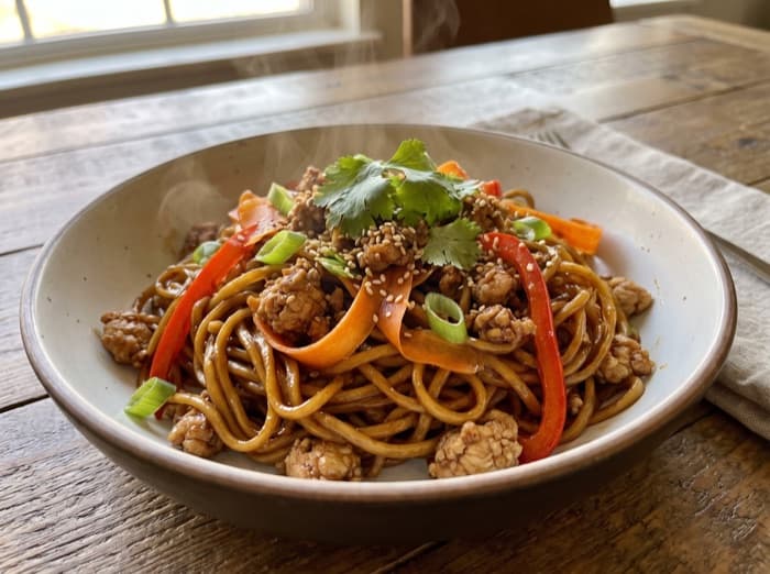 Hoisin Chicken Noodle Stir-Fry, plated and ready to serve