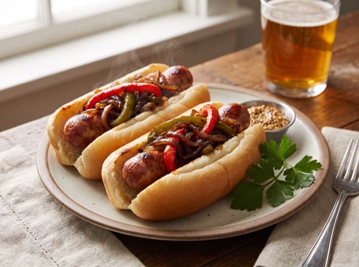 Kielbasa with Peppers and Onions, plated and ready to serve