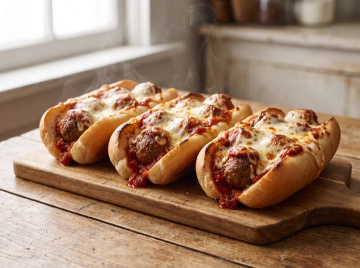 Meatball Subs with Melted Mozzarella, plated and ready to serve