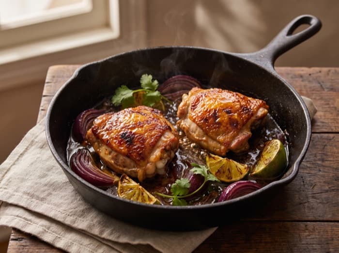 Citrus Mojo Chicken Thighs, plated and ready to serve