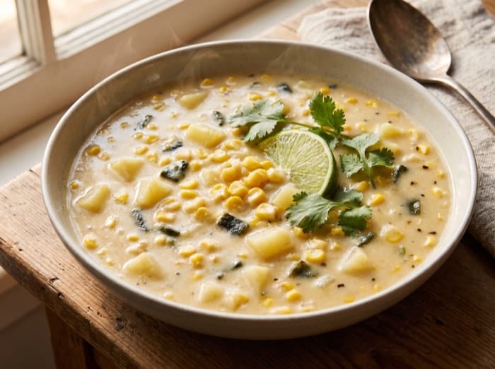 Poblano and Sweet Corn Chowder, plated and ready to serve