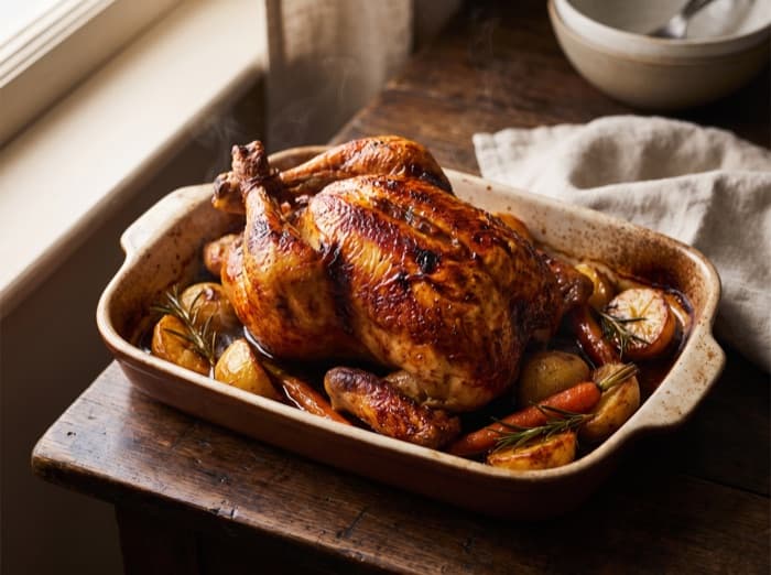 Roast Chicken with Rosemary Potatoes, plated and ready to serve