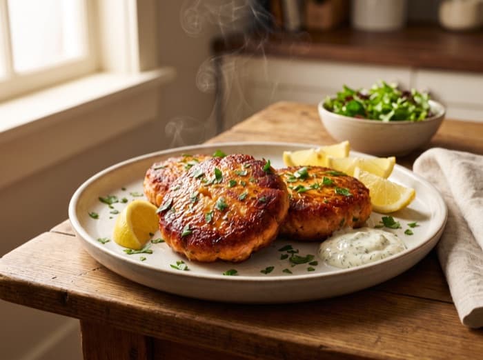 Salmon Patties with Lemon and Parsley, plated and ready to serve