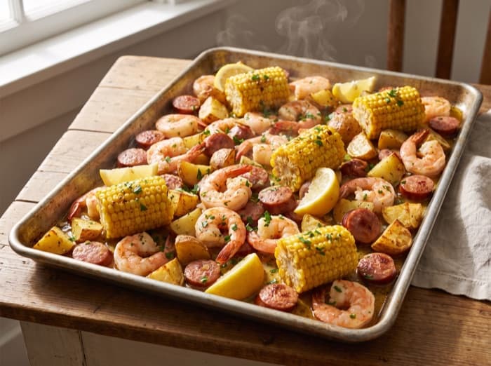 Sheet Pan Shrimp Boil, plated and ready to serve