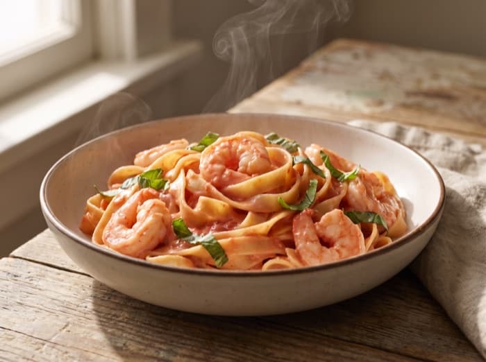 Shrimp Fettuccine in Tomato Cream, plated and ready to serve