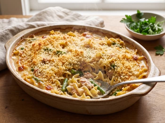 Tuna Noodle Casserole, plated and ready to serve