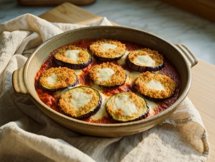 Baked Eggplant Parmesan, plated and ready to serve