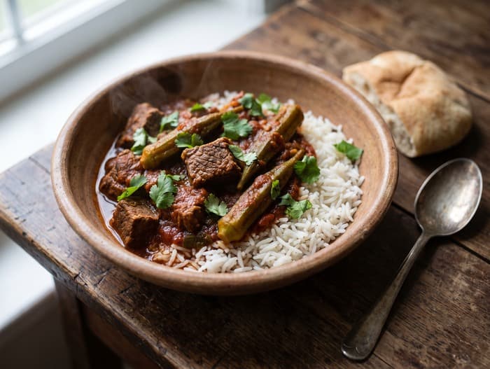 Bamia, Egyptian Okra and Beef Stew, plated and ready to serve