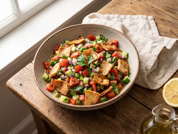 Baladi Salad with Toasted Pita, plated and ready to serve