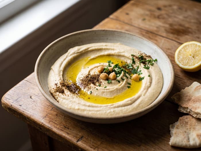 Egyptian Hummus with Cumin and Lemon, plated and ready to serve