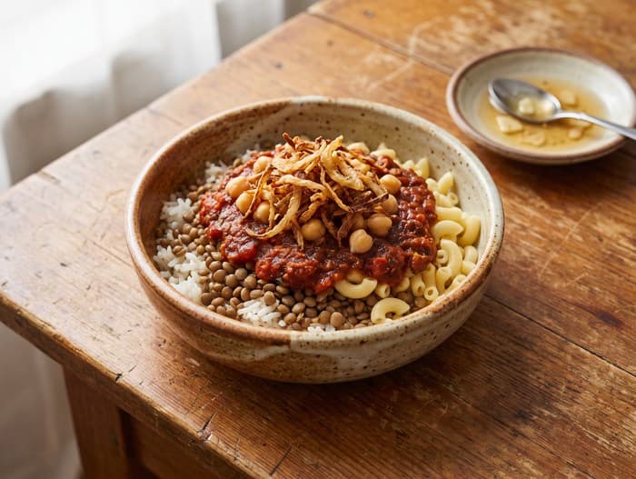 Koshari, plated and ready to serve