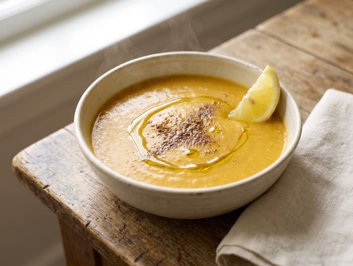 Egyptian Red Lentil Soup, plated and ready to serve