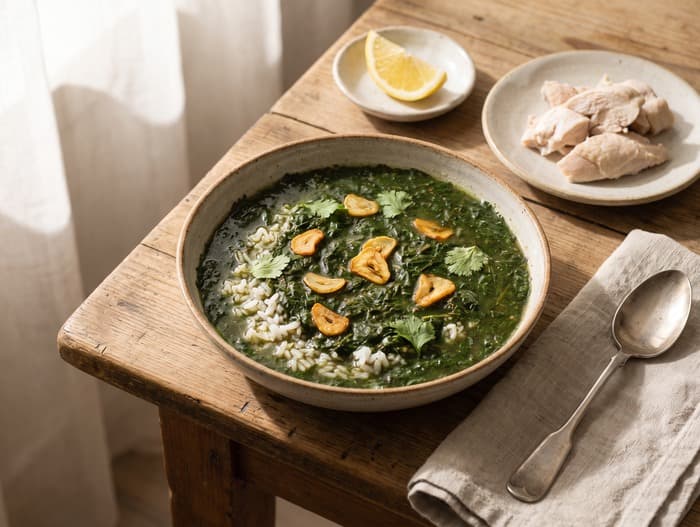 Molokhia with Chicken, plated and ready to serve