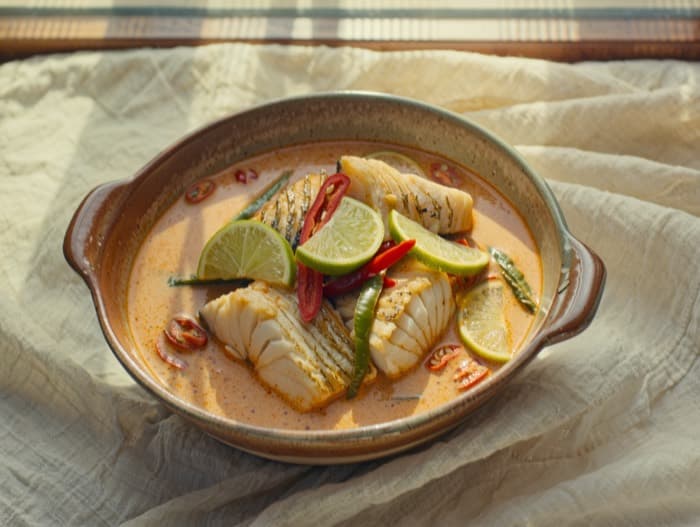 Coconut Lime Fish Stew, plated and ready to serve