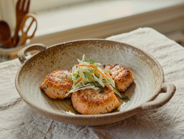 Salmon Patties with Dill Slaw, plated and ready to serve